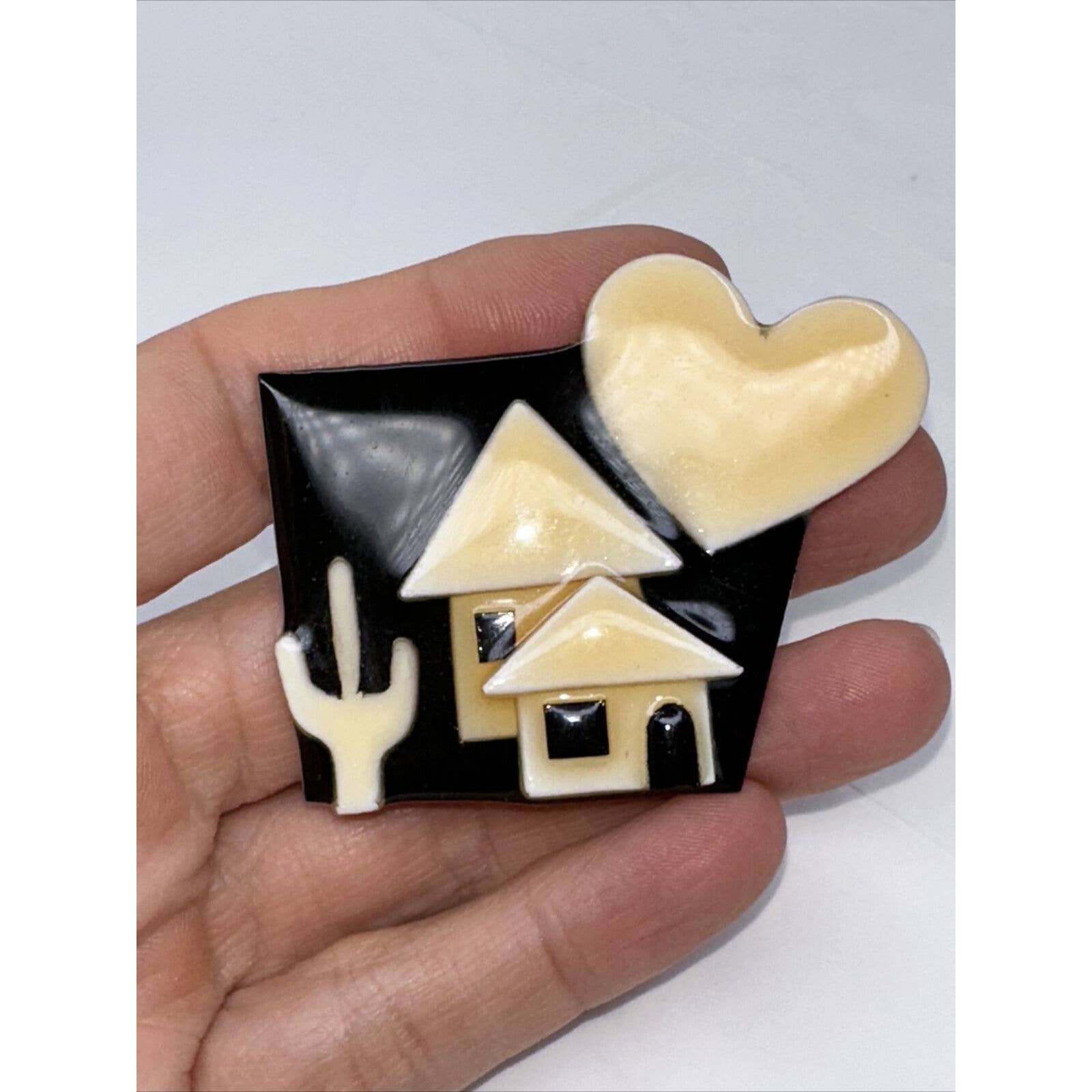House Pins By Lucinda Brooch Handmade Resin Cactus Heart Black Off White 21$
